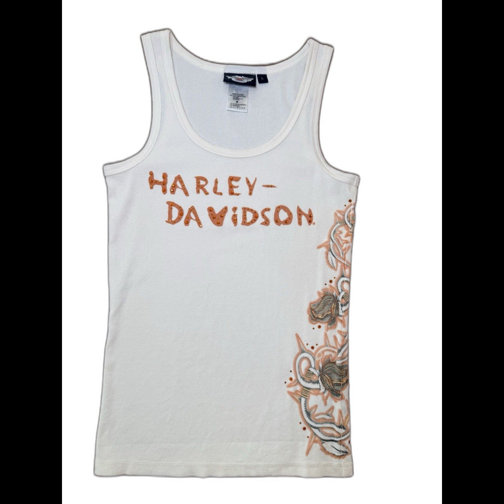 Harley-Davidson Women’s Embellished Tank Top L Ivory Orange Rhinestone Biker - Picture 3 of 10